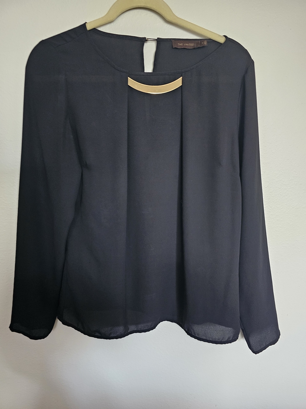 The Limited Black Long-Sleeve Blouse with Gold Neck Bar